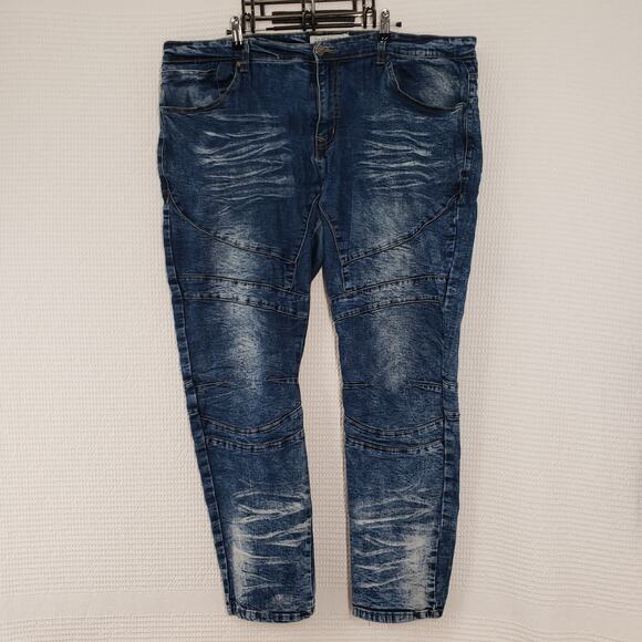 Akademiks Jeanius Jeans Men 42x32 Blue Skinny Leg Distressed Thrashed Streetwear - Picture 1 of 16